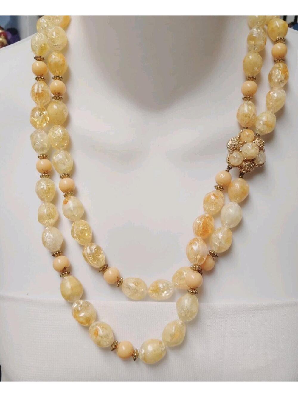Vintage Lucite Double Strand Yellow Orange Beaded Necklace 20"